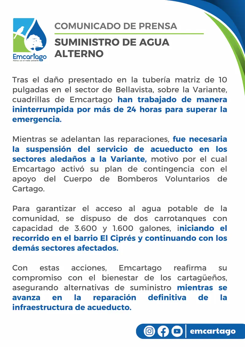 suministro de agua alterno Cartago